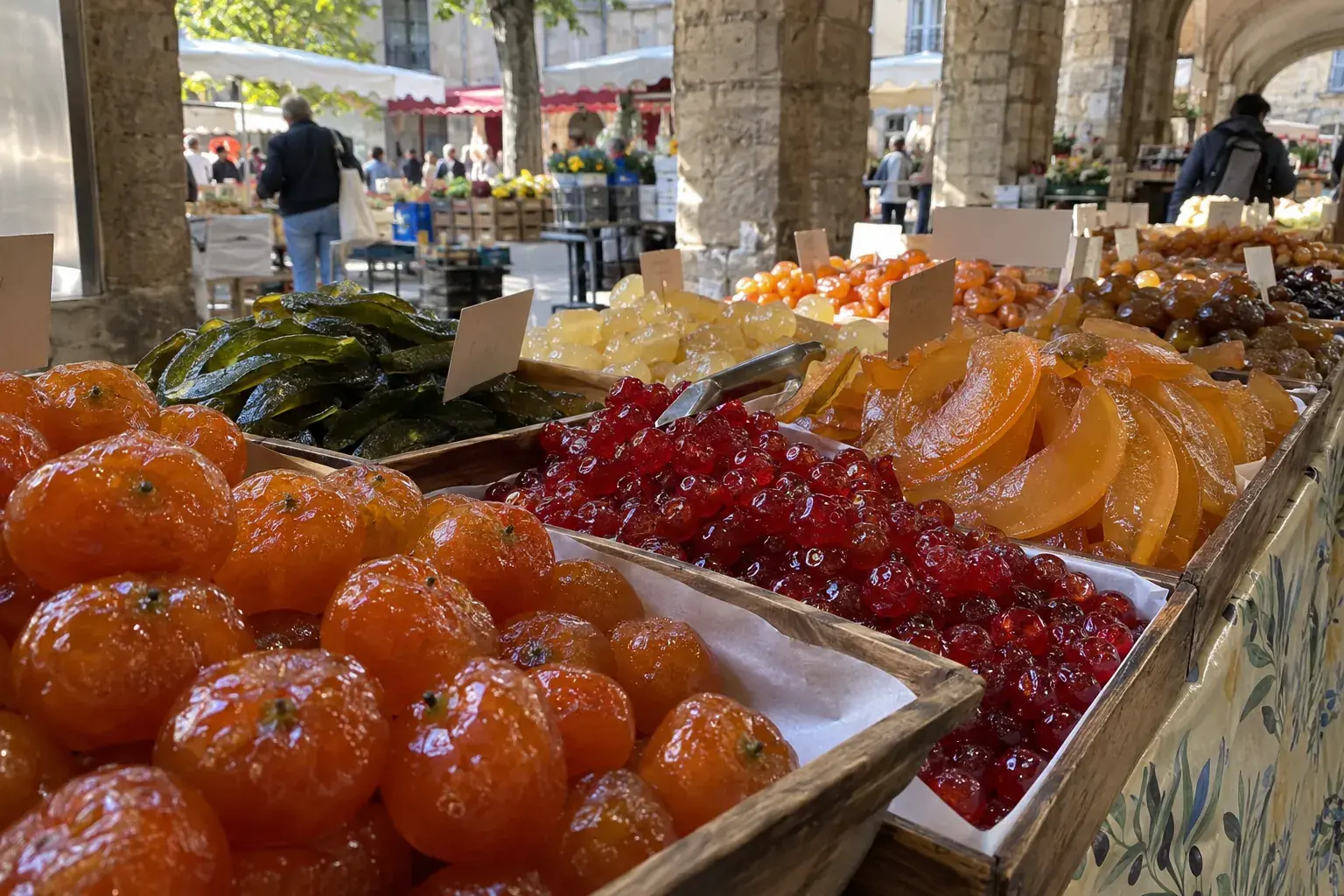Un étal de fruits confits au marché du samedi matin à Apt, clémentines, cerises et tranches de melon