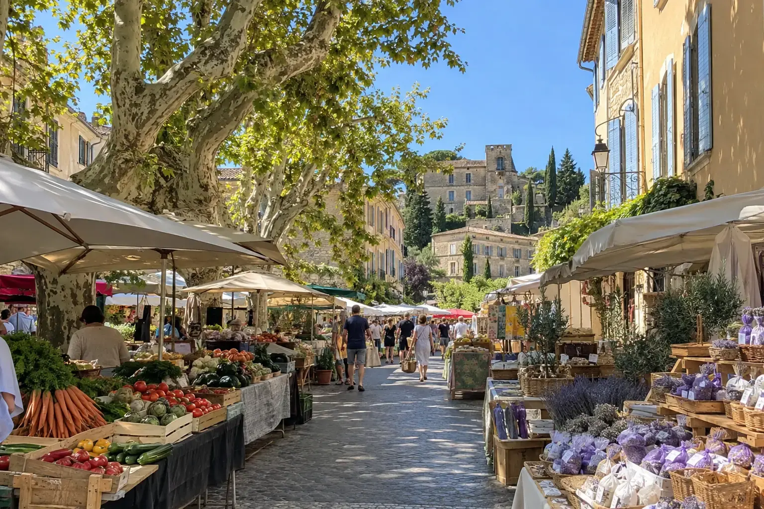 Une rue de Lourmarin un vendredi matin de marché, étals sous les platanes et façades de pierre claire, le château au fond