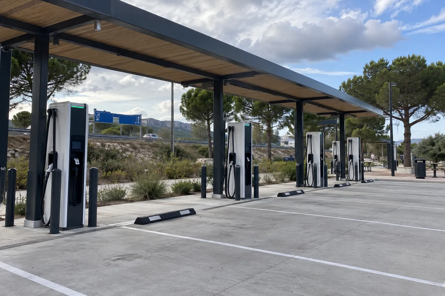 Une rangée de bornes de recharge rapide sous auvent, sur une aire d'autoroute en Provence