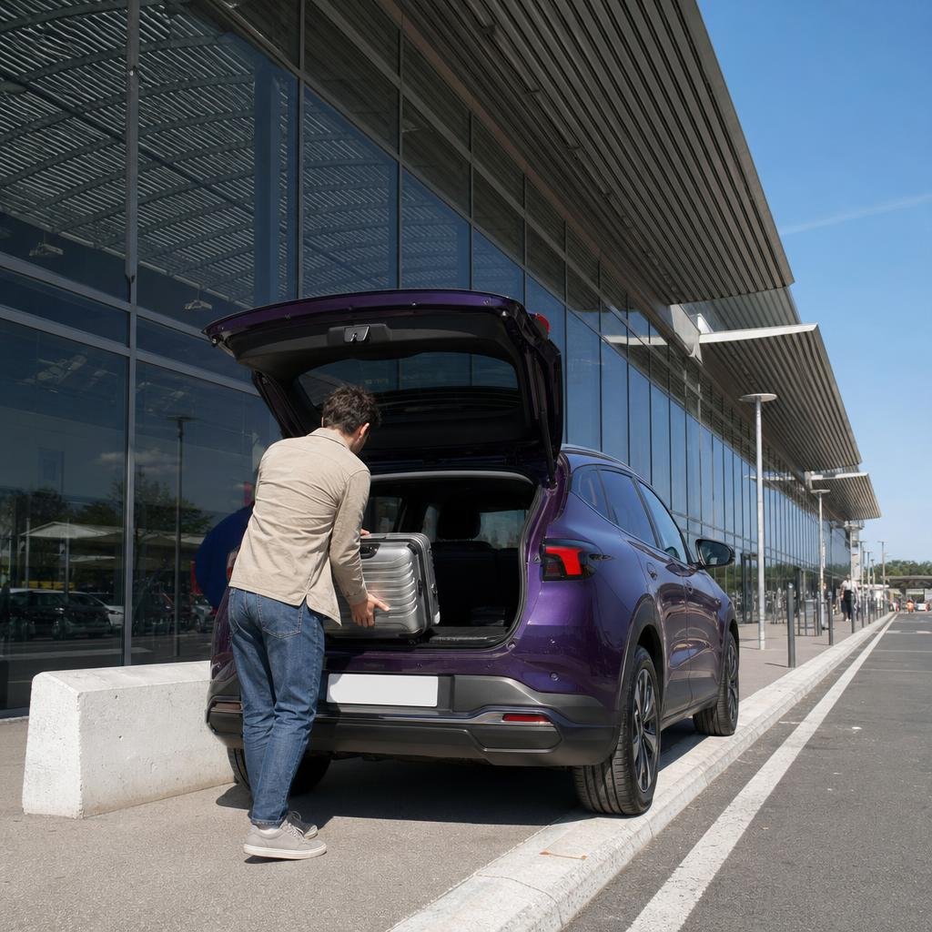 Voiture de VTC électrique pourpre à la dépose d'une gare TGV en Provence, un matin clair